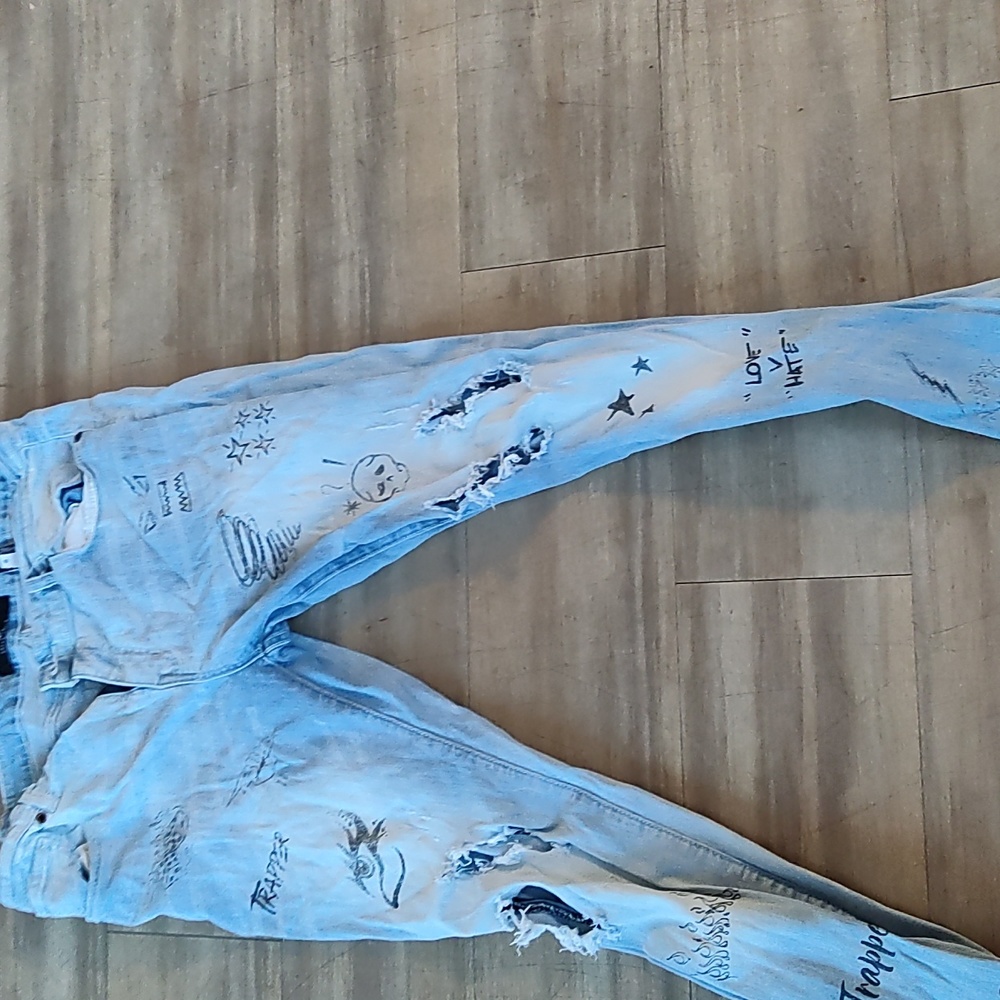 Blue focus jeans punk rock skull crossbones jeans